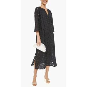 Tuckernuck Black V-Neck Floral Lace Eyelet Jamie Midi Caftan Shift Dress Small
